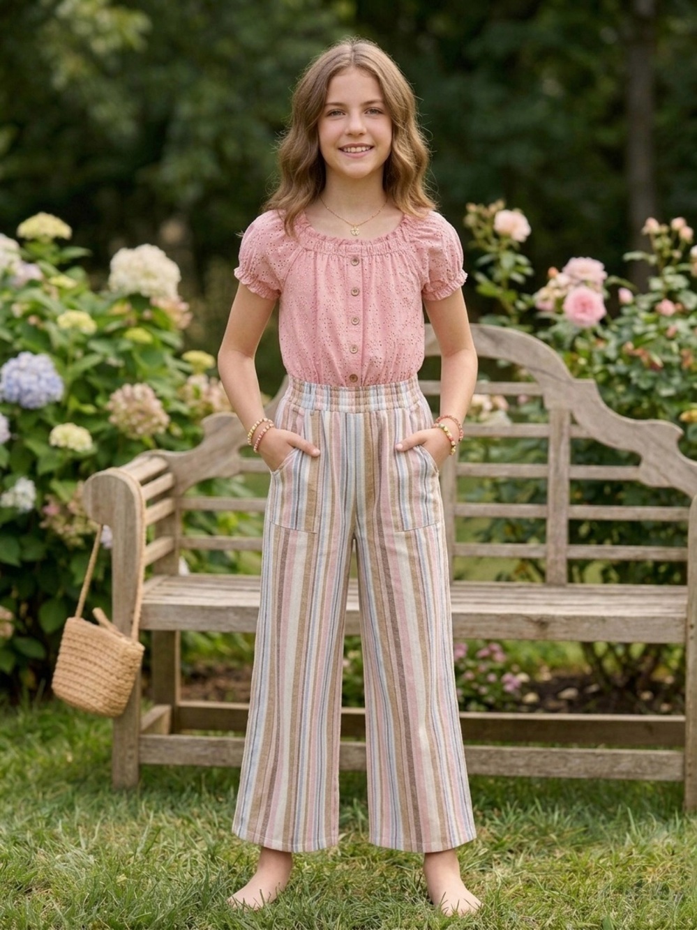 I.N. Girl Pastel Striped Eyelet Wide Leg Jumpsuit M 10 12 Cottagecore Retro Boho